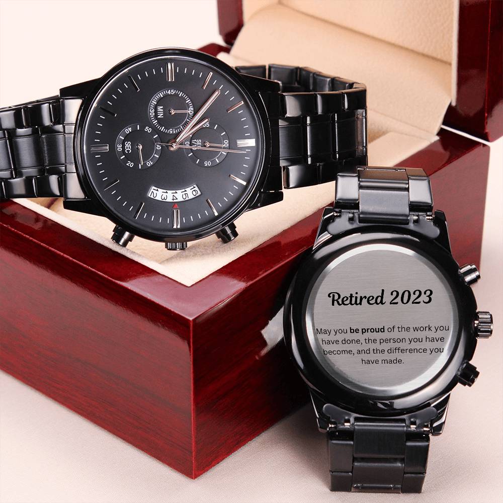 Engraved Retirement Message Card Watch Gift 2023, Black Chronograph Watch, Luxury Watch Box, Happy Retirement Gift