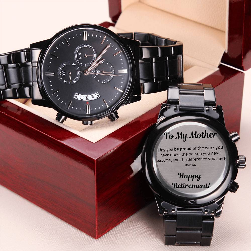 Engraved Retirement Message Card Gift For Mother, To Mom Black Chronograph Watch, Luxury Watch Box, Happy Retirement Gift