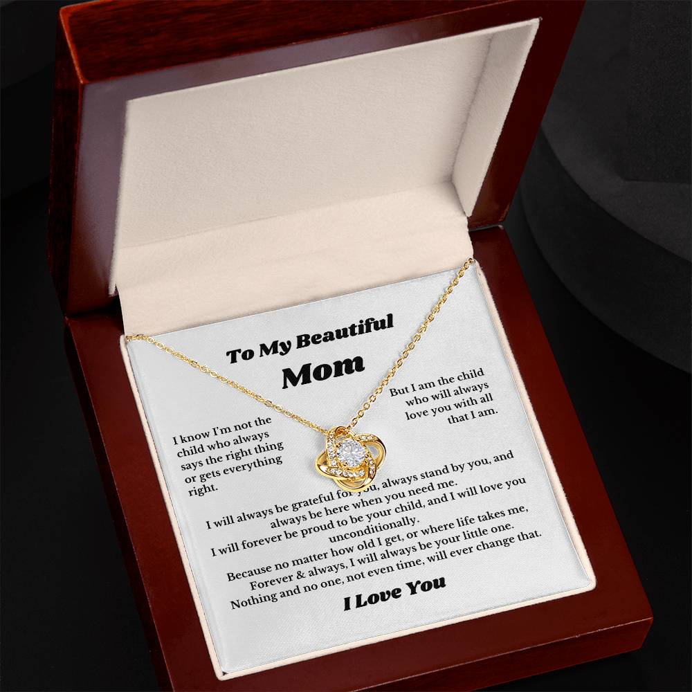 To My Beautiful Mom Love Knot Necklace Gift For Mothers Day, Valentines, Message Card