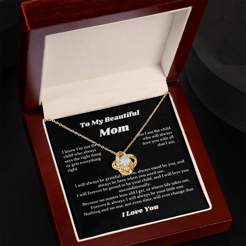 To My Beautiful Mom Love Knot Necklace Gift For Mothers Day, Valentines, Message Card