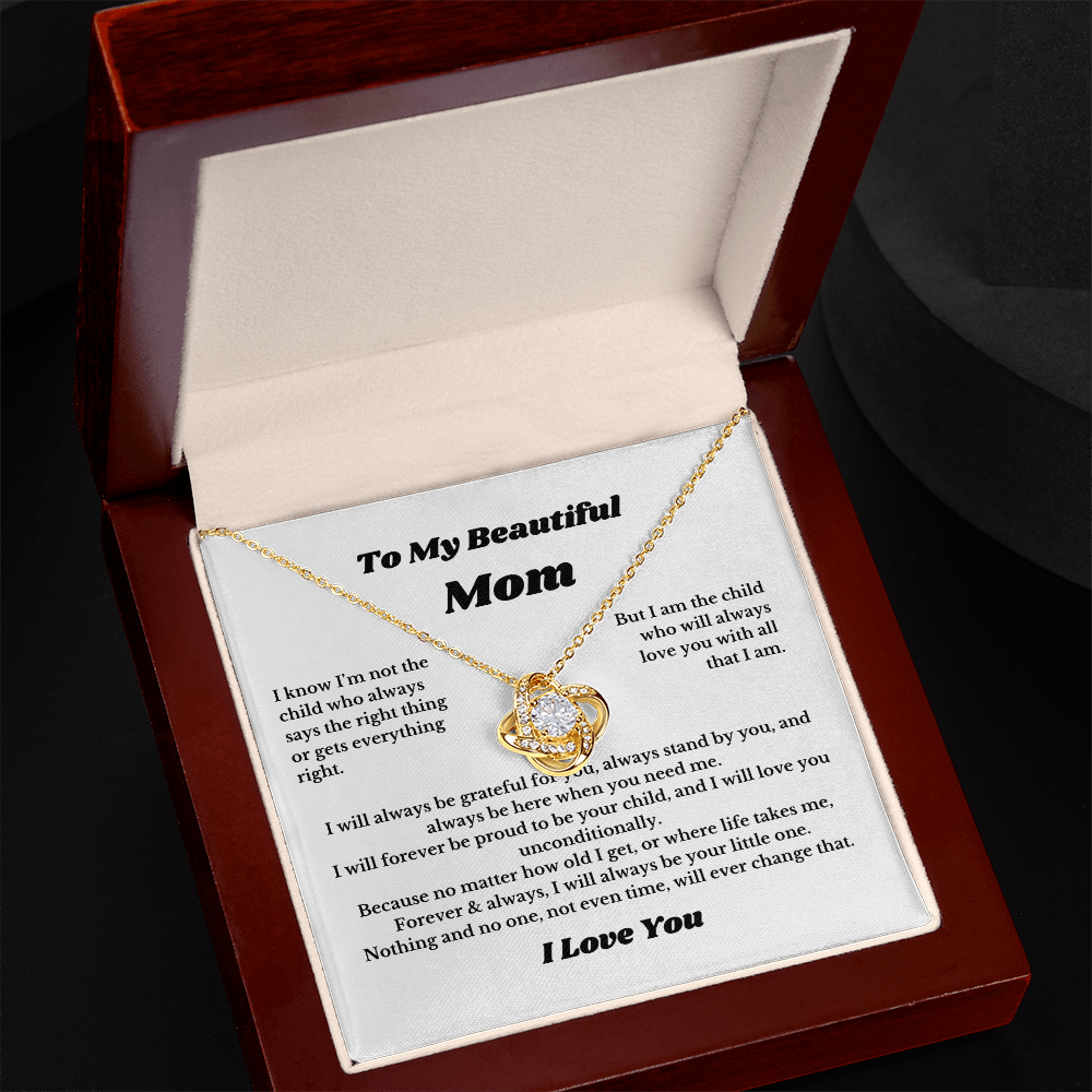 To My Beautiful Mom Love Knot Necklace Gift For Mothers Day, Valentines, Message Card