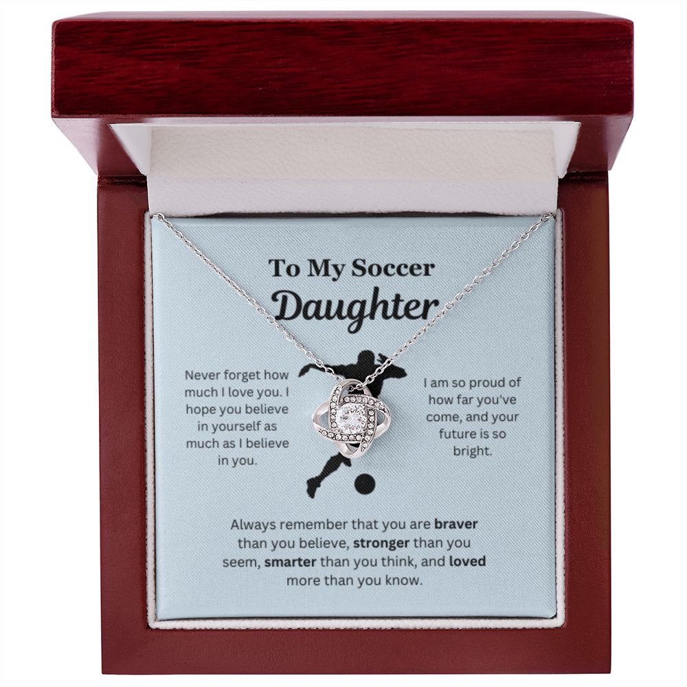 To My Soccer Daughter Necklace, Father-Daughter Jewelry, Mother-Daughter Gift, Birthday Heart Pendant, Gold Love Knot, Message Card