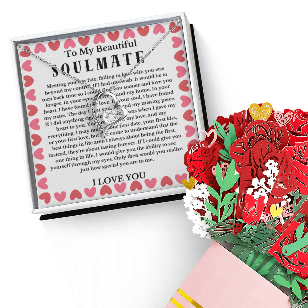 Love Message Necklace and Sweet Paper Flower Bouquet Valentines Day Couple Gift Soulmate Girlfriend Wife