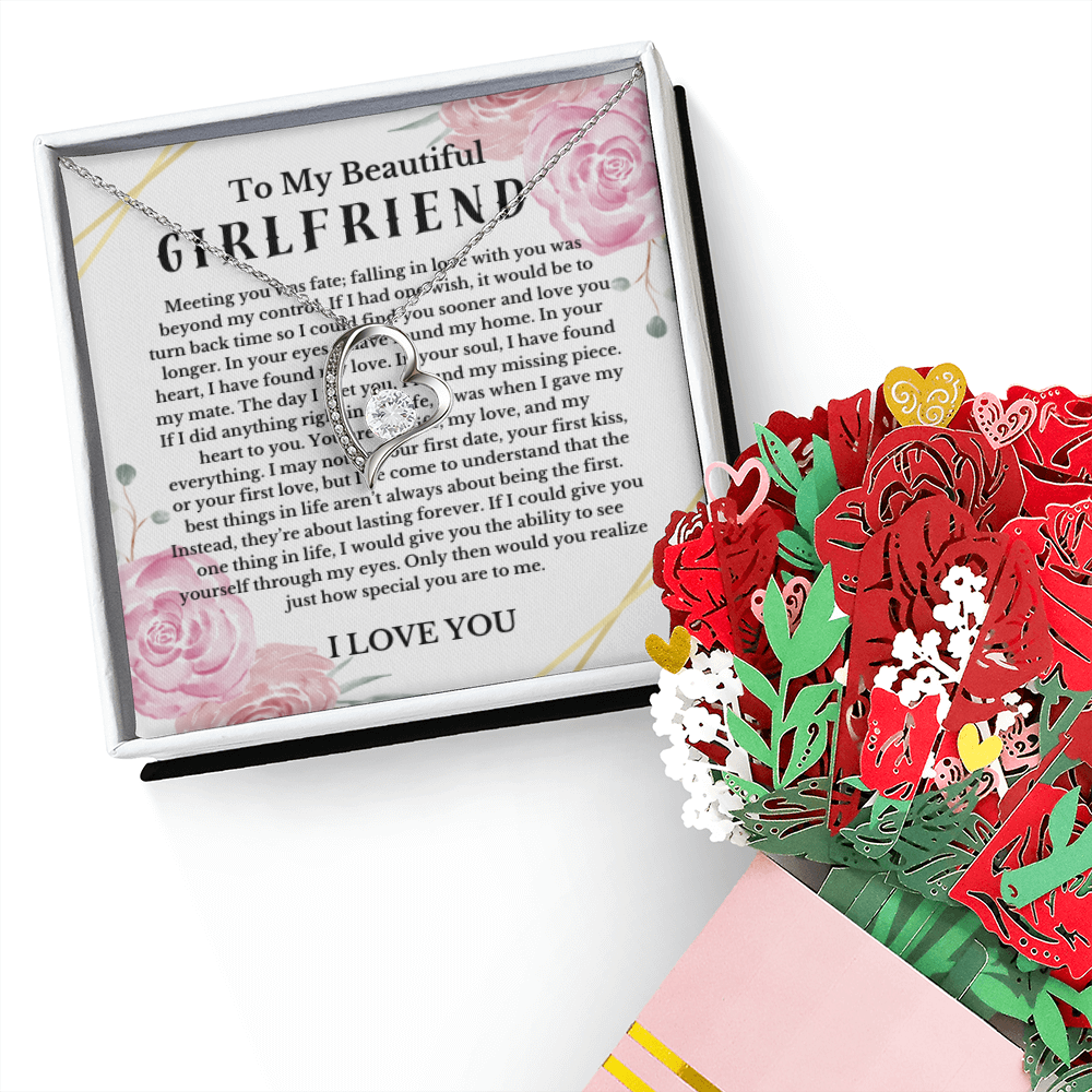 Love Message Necklace and Sweet Paper Flower Bouquet Valentines Day Couple Gift Soulmate Girlfriend Wife