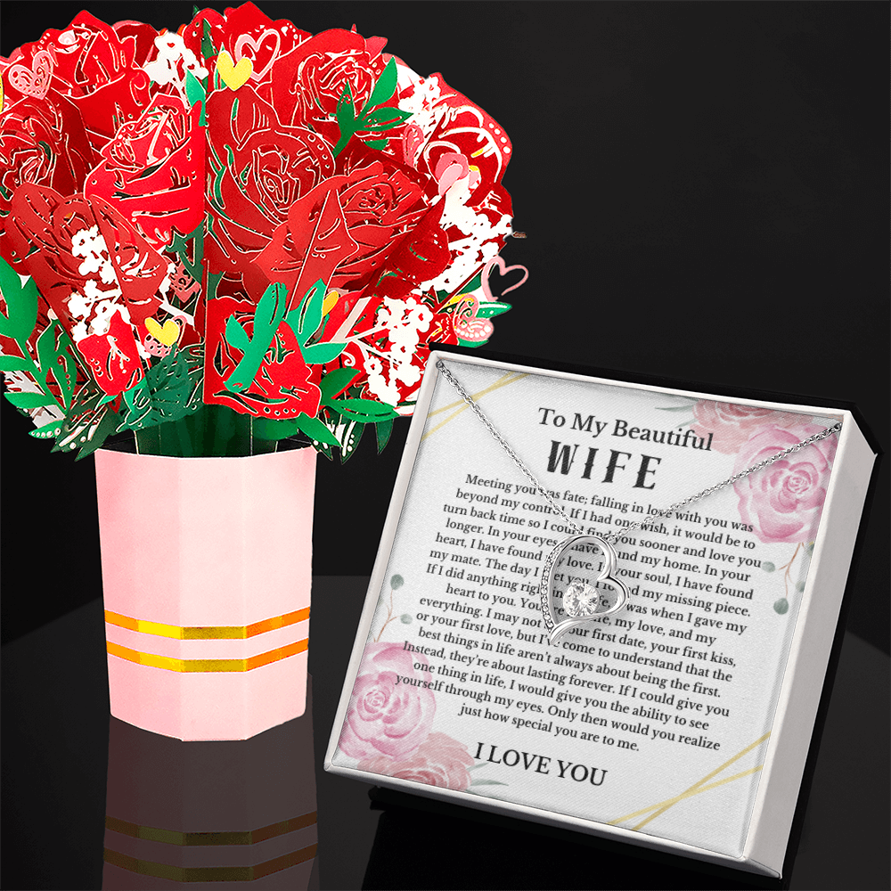 Love Message Necklace and Sweet Paper Flower Bouquet Valentines Day Couple Gift Soulmate Girlfriend Wife