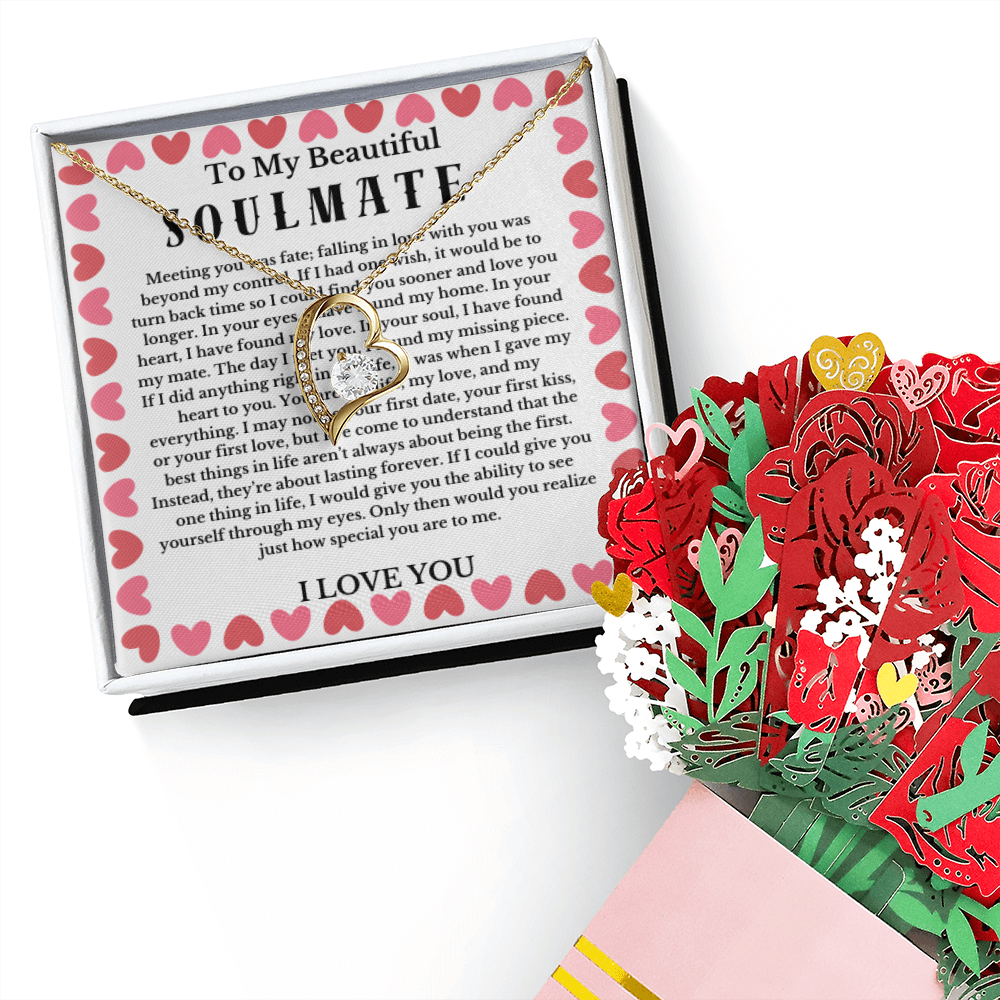Love Message Necklace and Sweet Paper Flower Bouquet Valentines Day Couple Gift Soulmate Girlfriend Wife
