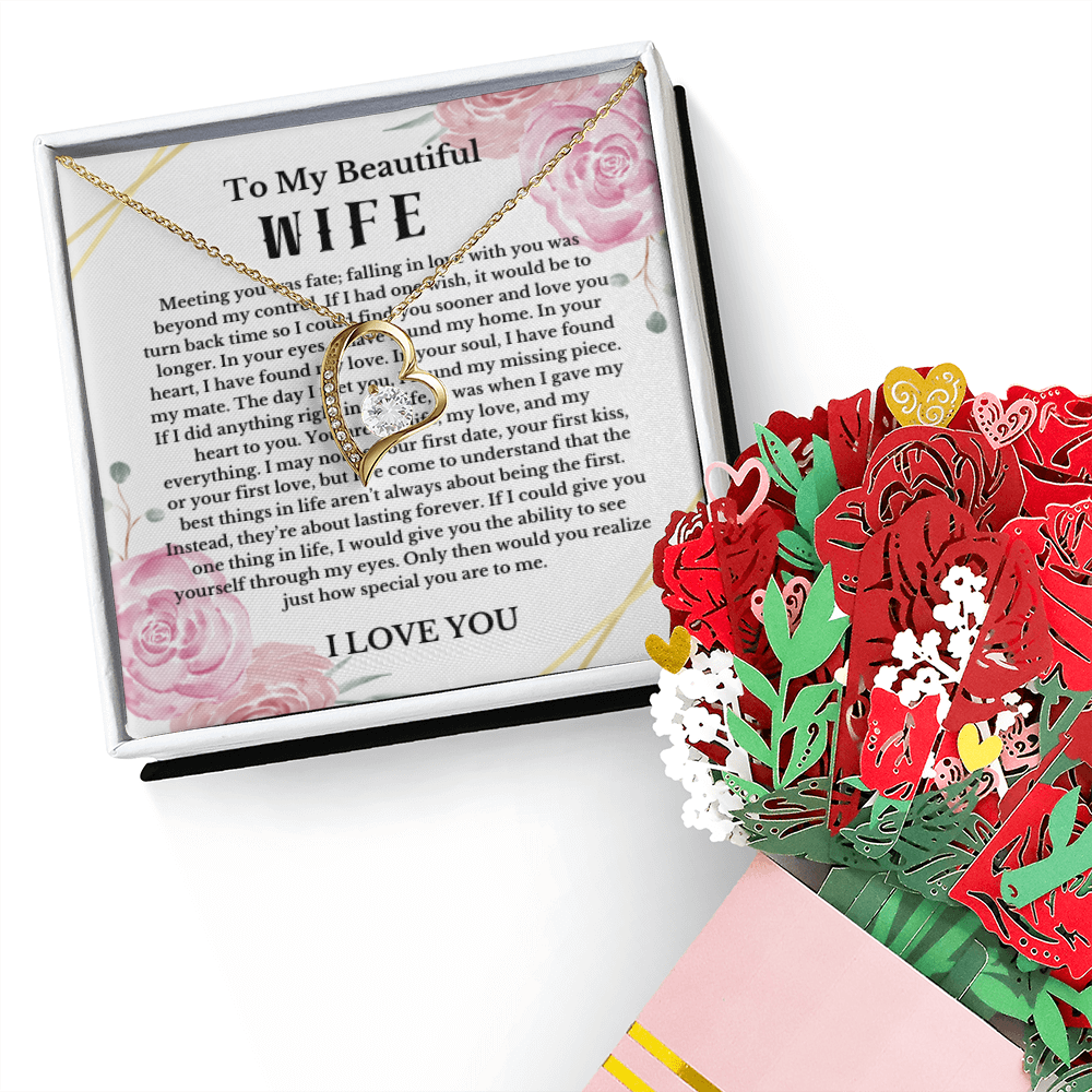 Love Message Necklace and Sweet Paper Flower Bouquet Valentines Day Couple Gift Soulmate Girlfriend Wife