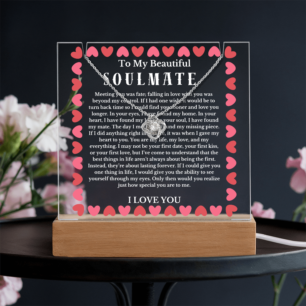 To My Beautiful Soulmate Acrylic Plaque Knot Necklace, Wife Birthday Gift, Valentines Gift for Soulmate, Anniversary Gift for Her, Future Wife, Girlfriend