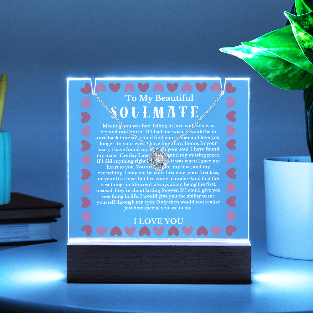 To My Beautiful Soulmate Acrylic Plaque Knot Necklace, Wife Birthday Gift, Valentines Gift for Soulmate, Anniversary Gift for Her, Future Wife, Girlfriend