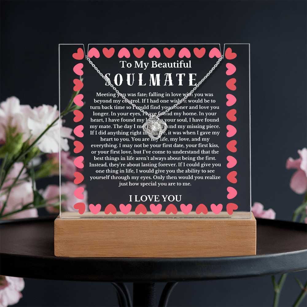 To My Beautiful Soulmate Acrylic Plaque Knot Necklace, Wife Birthday Gift, Valentines Gift for Soulmate, Anniversary Gift for Her, Future Wife, Girlfriend
