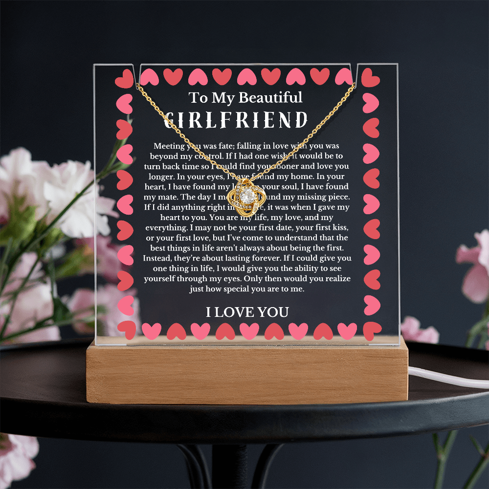 To My Beautiful Girlfriend Acrylic Plaque Knot Necklace, Wife Birthday Gift, Valentines Gift for Soulmate, Anniversary Gift for Her, Future Wife, Girlfriend