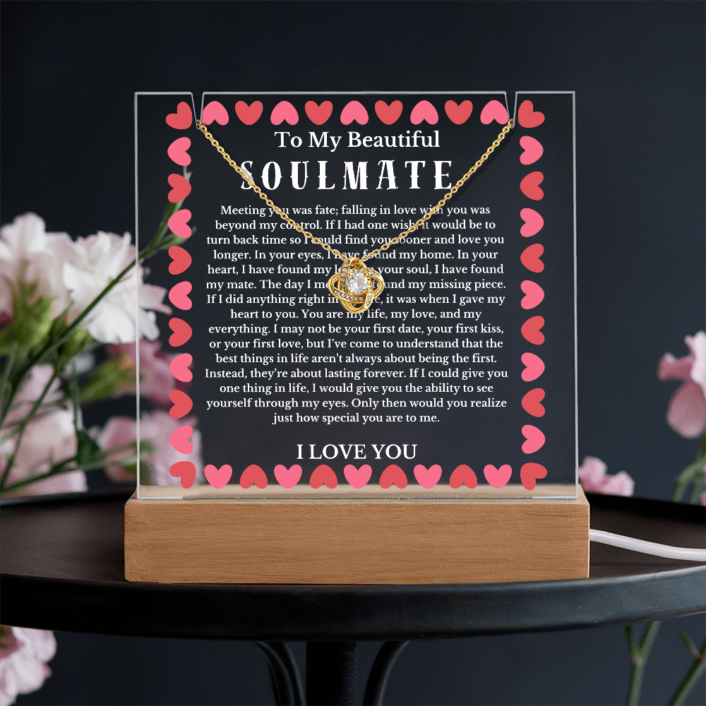 To My Beautiful Soulmate Acrylic Plaque Knot Necklace, Wife Birthday Gift, Valentines Gift for Soulmate, Anniversary Gift for Her, Future Wife, Girlfriend
