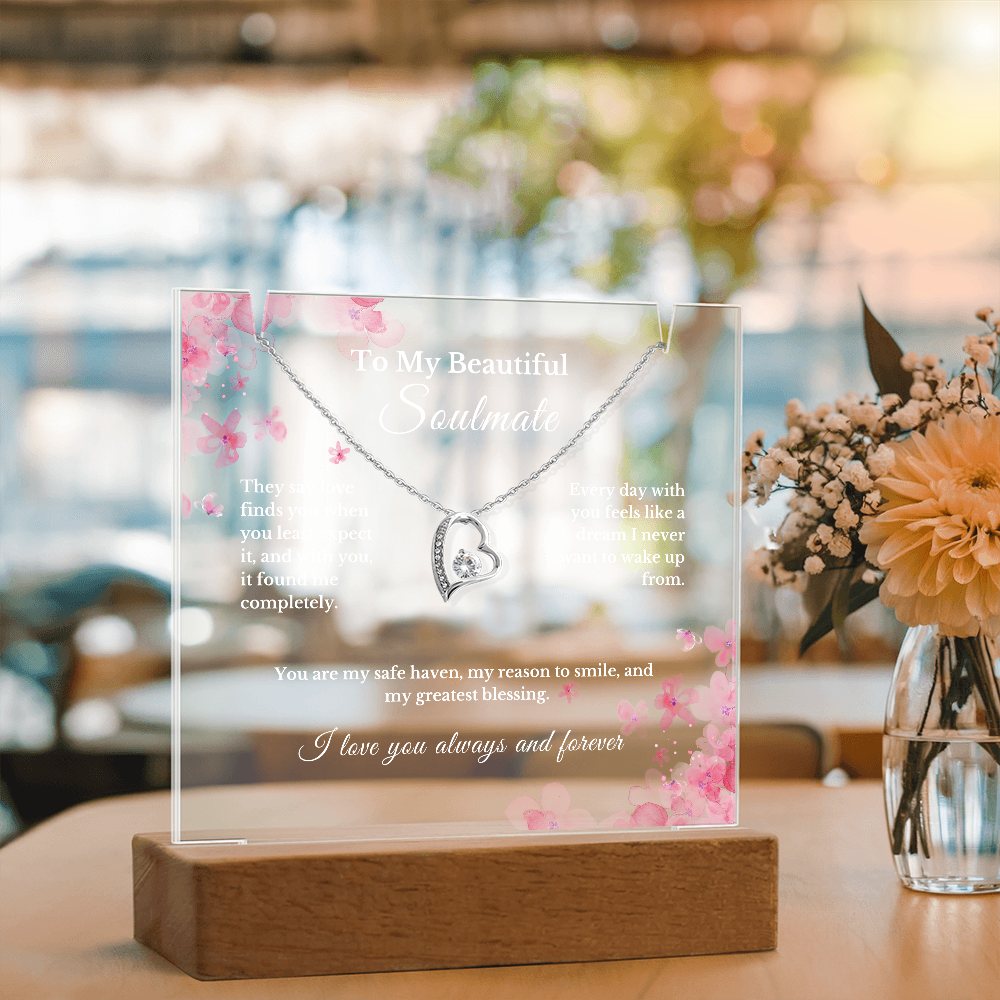 Romantic Gift for Wife, Soulmate Necklace and Acrylic Plaque, Cute Jewelry for Valentine's Day, Anniversary, Birthday, Thoughtful Gift for Her 5