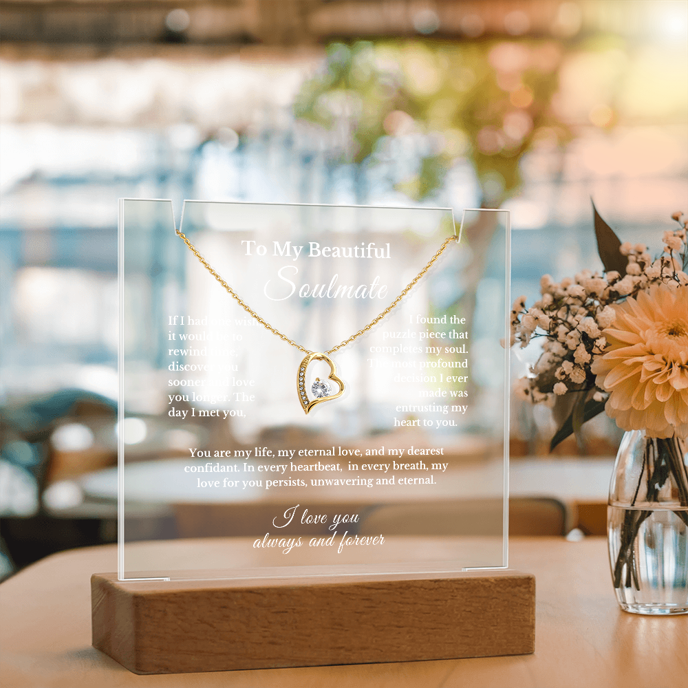 Romantic Gift for Wife, Soulmate Necklace and Acrylic Plaque, Cute Jewelry for Valentine's Day, Anniversary, Birthday, Thoughtful Gift for Her