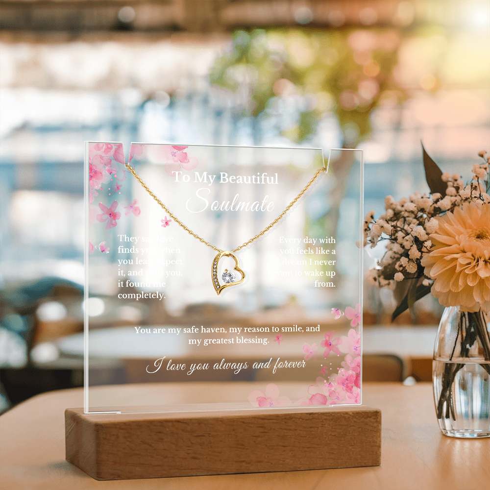 Romantic Gift for Wife, Soulmate Necklace and Acrylic Plaque, Cute Jewelry for Valentine's Day, Anniversary, Birthday, Thoughtful Gift for Her 5