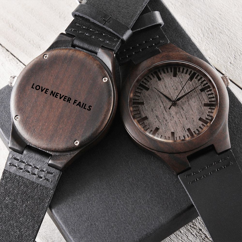 Engraved Wood Watch Love Never Fails, Christian Christmas Watch Gift, Bible Gift, Scripture Message
