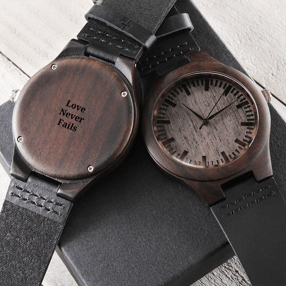 Engraved Wood Watch Love Never Fails, Christian Christmas Watch Gift, Bible Gift, Scripture Message