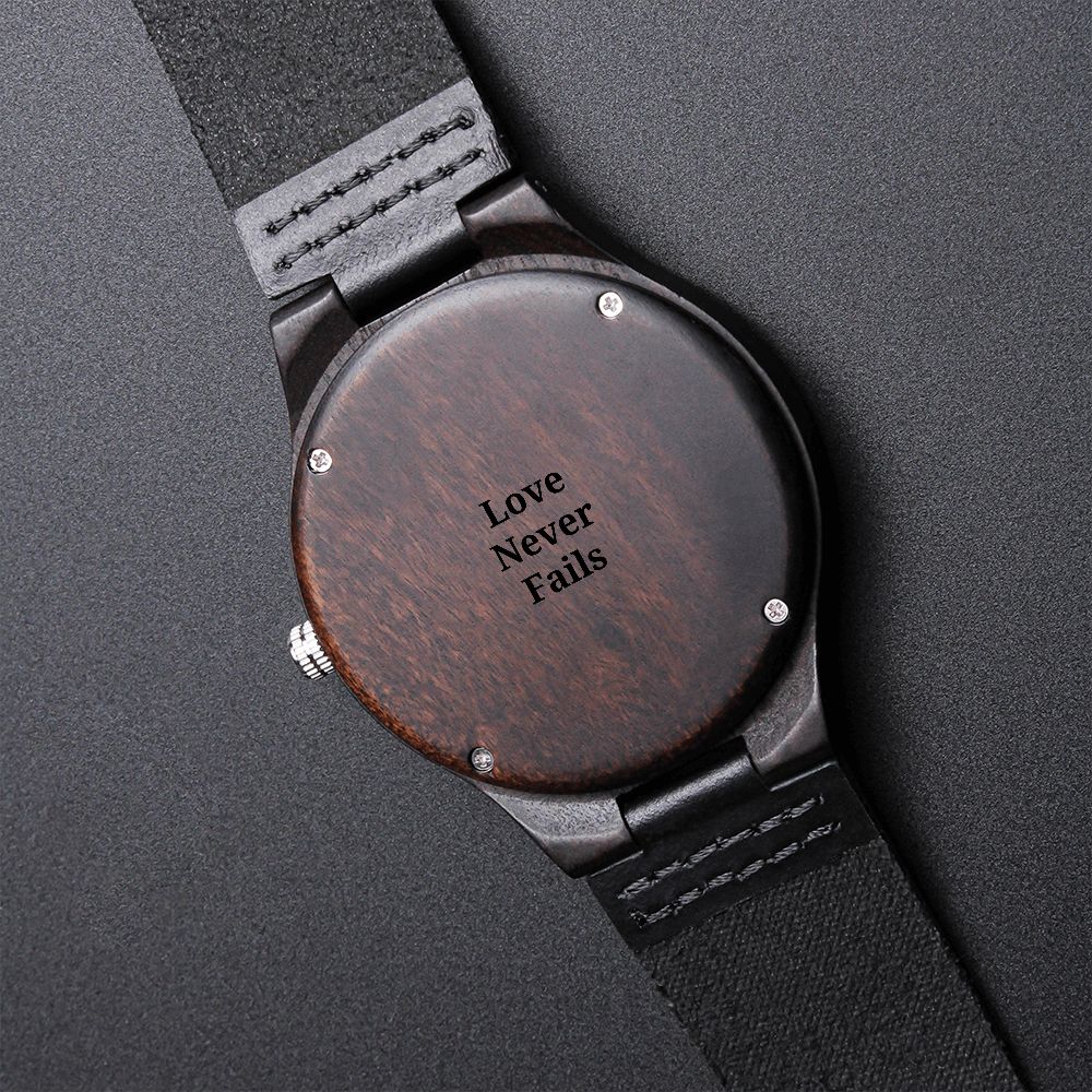 Engraved Wood Watch Love Never Fails, Christian Christmas Watch Gift, Bible Gift, Scripture Message