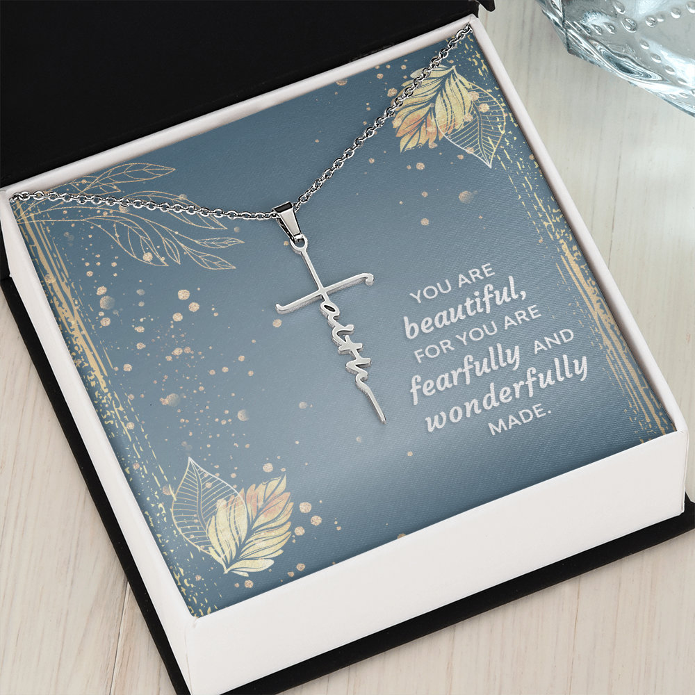 You are beautiful, for you are fearfully and wonderfully made, Faith Cross Necklace, Scripture Encouragement Jewelry Gift, Motivation