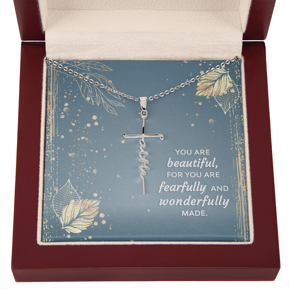 You are beautiful, for you are fearfully and wonderfully made, Faith Cross Necklace, Scripture Encouragement Jewelry Gift, Motivation
