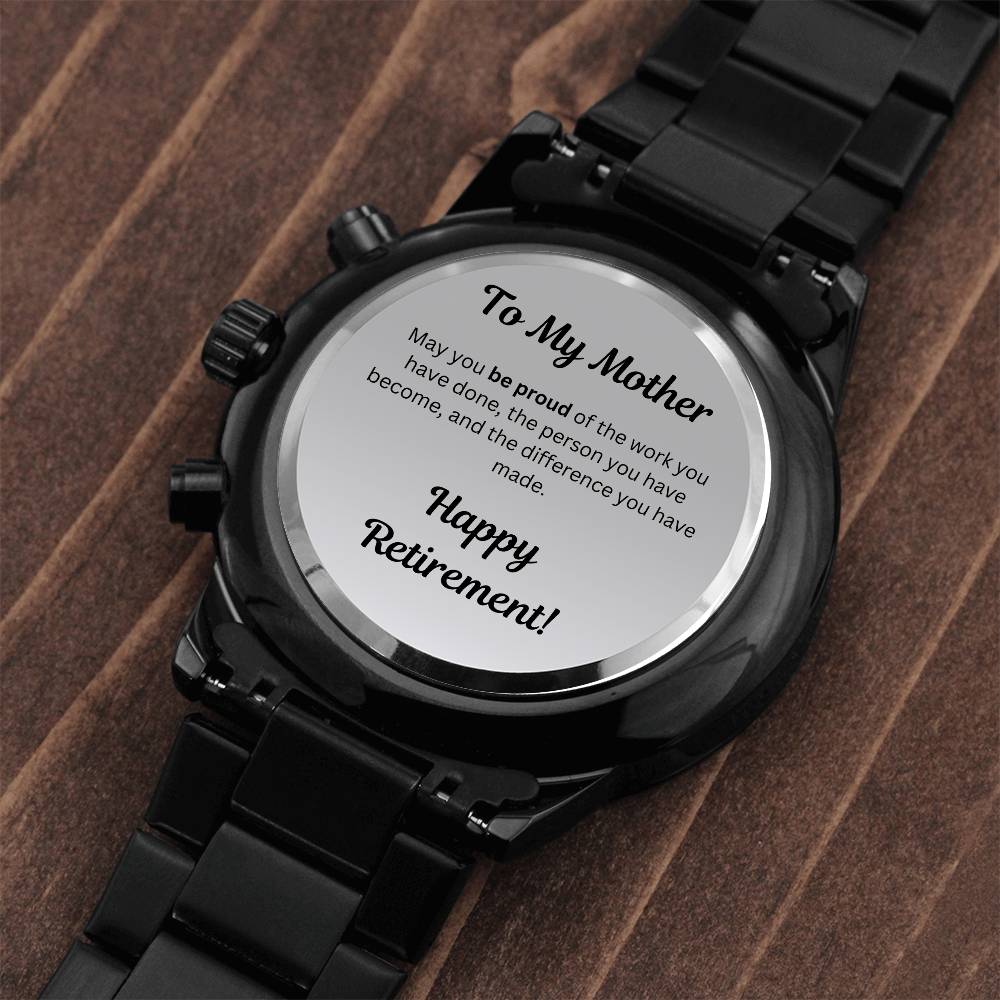 Engraved Retirement Message Card Gift For Mother, To Mom Black Chronograph Watch, Luxury Watch Box, Happy Retirement Gift