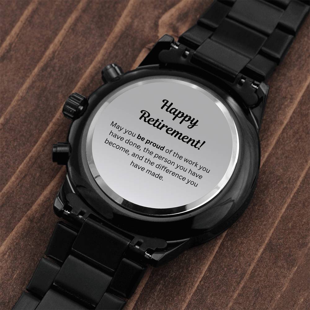 Engraved Retirement Message Card Gift, Black Chronograph Watch, Luxury Watch Box, Happy Retirement Gift