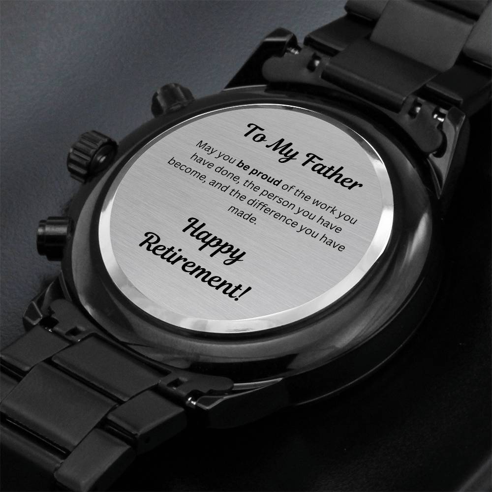 Engraved Retirement Message Card Gift For Dad, To Father Black Chronograph Watch, Luxury Watch Box, Happy Retirement Gift