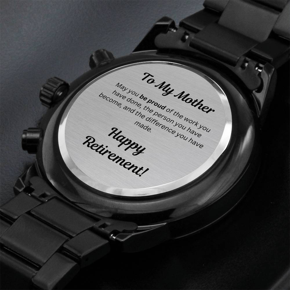 Engraved Retirement Message Card Gift For Mother, To Mom Black Chronograph Watch, Luxury Watch Box, Happy Retirement Gift