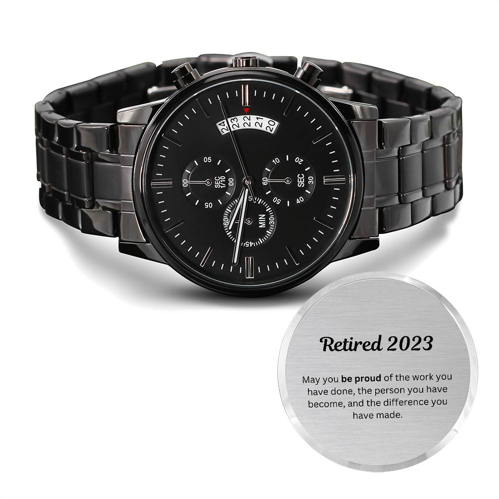Engraved Retirement Message Card Watch Gift 2023, Black Chronograph Watch, Luxury Watch Box, Happy Retirement Gift