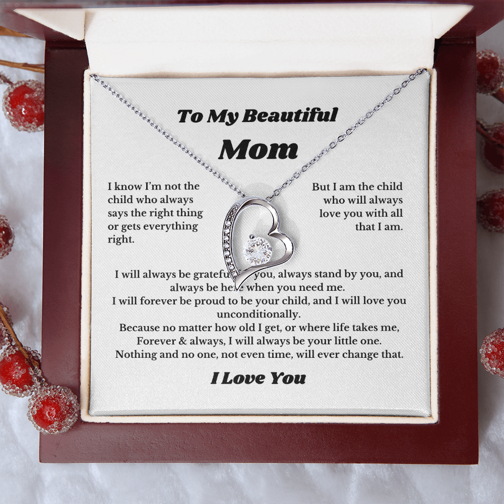 To My Beautiful Mom Heart Necklace Gift For Mothers Day, Valentines, Message Card