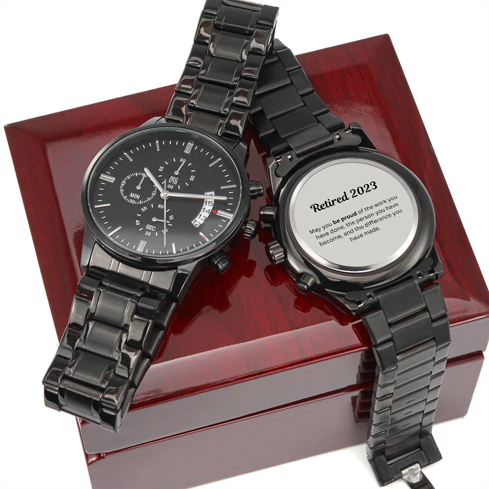 Engraved Retirement Message Card Watch Gift 2023, Black Chronograph Watch, Luxury Watch Box, Happy Retirement Gift
