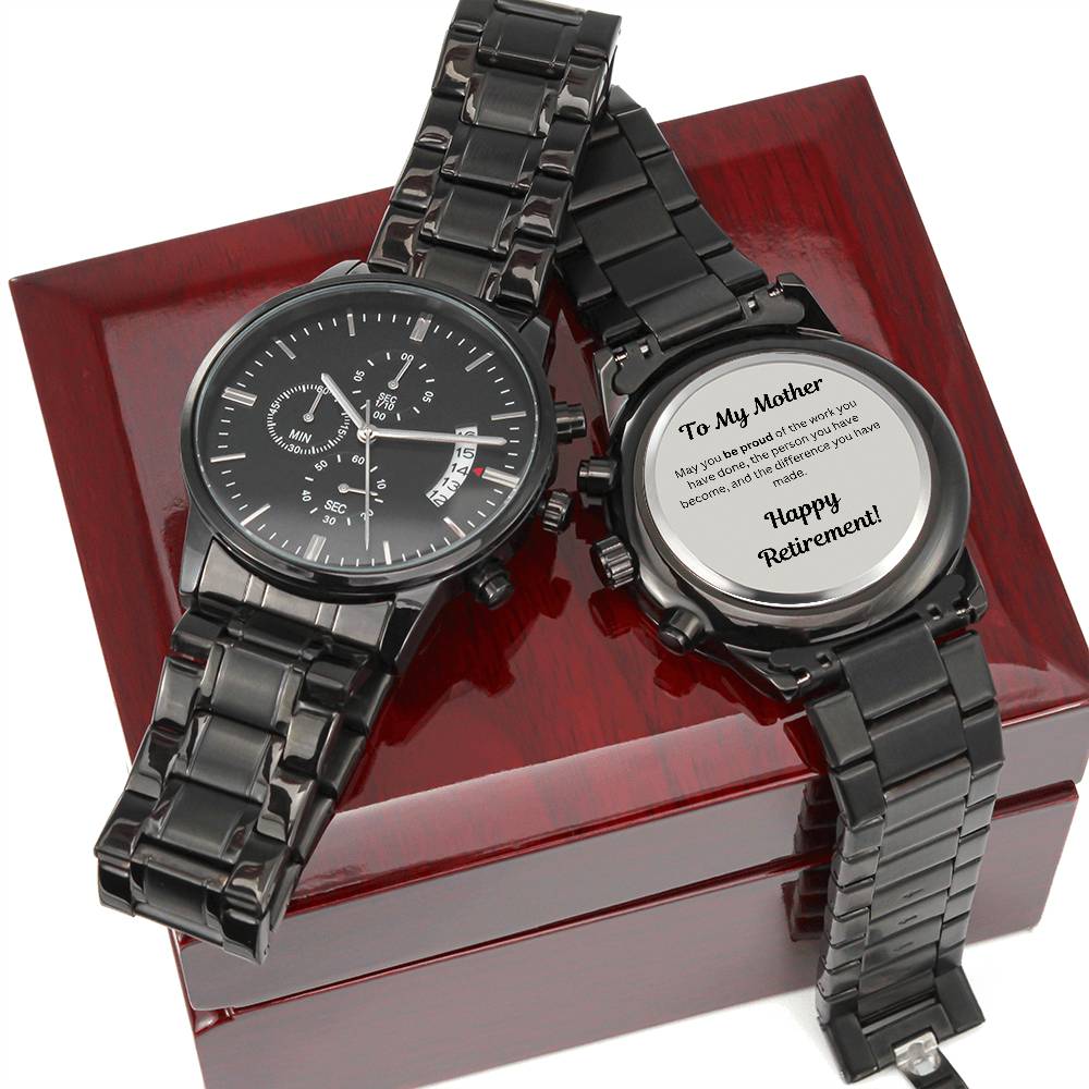 Engraved Retirement Message Card Gift For Mother, To Mom Black Chronograph Watch, Luxury Watch Box, Happy Retirement Gift
