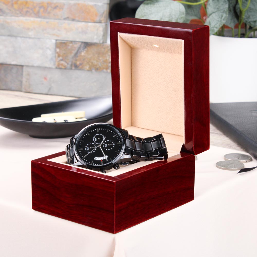 Engraved Retirement Message Card Gift For Dad, To Father Black Chronograph Watch, Luxury Watch Box, Happy Retirement Gift