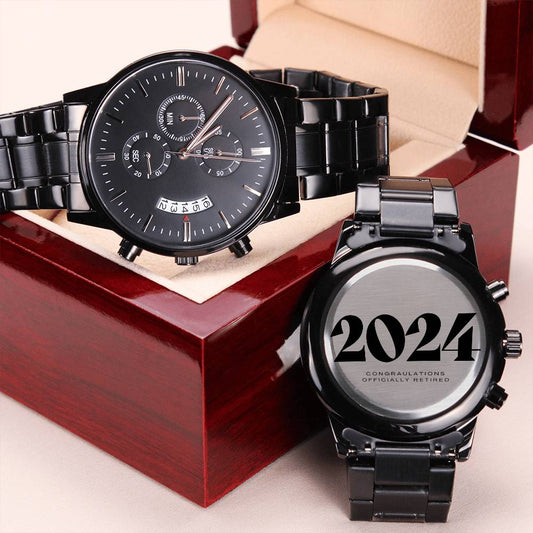 Engraved Retirement Message Card Gift 2024, Black Chronograph Watch, Luxury Watch Box, Happy Retirement Gift