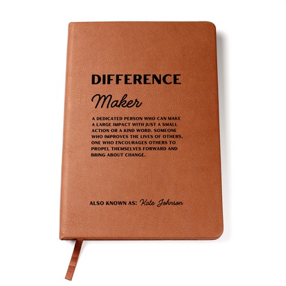 Personalized Name, Difference Maker Leather Journal, Gift for leader, inspirational teacher gift, coach gift, guest speaker gift, social worker gift, graduation gift