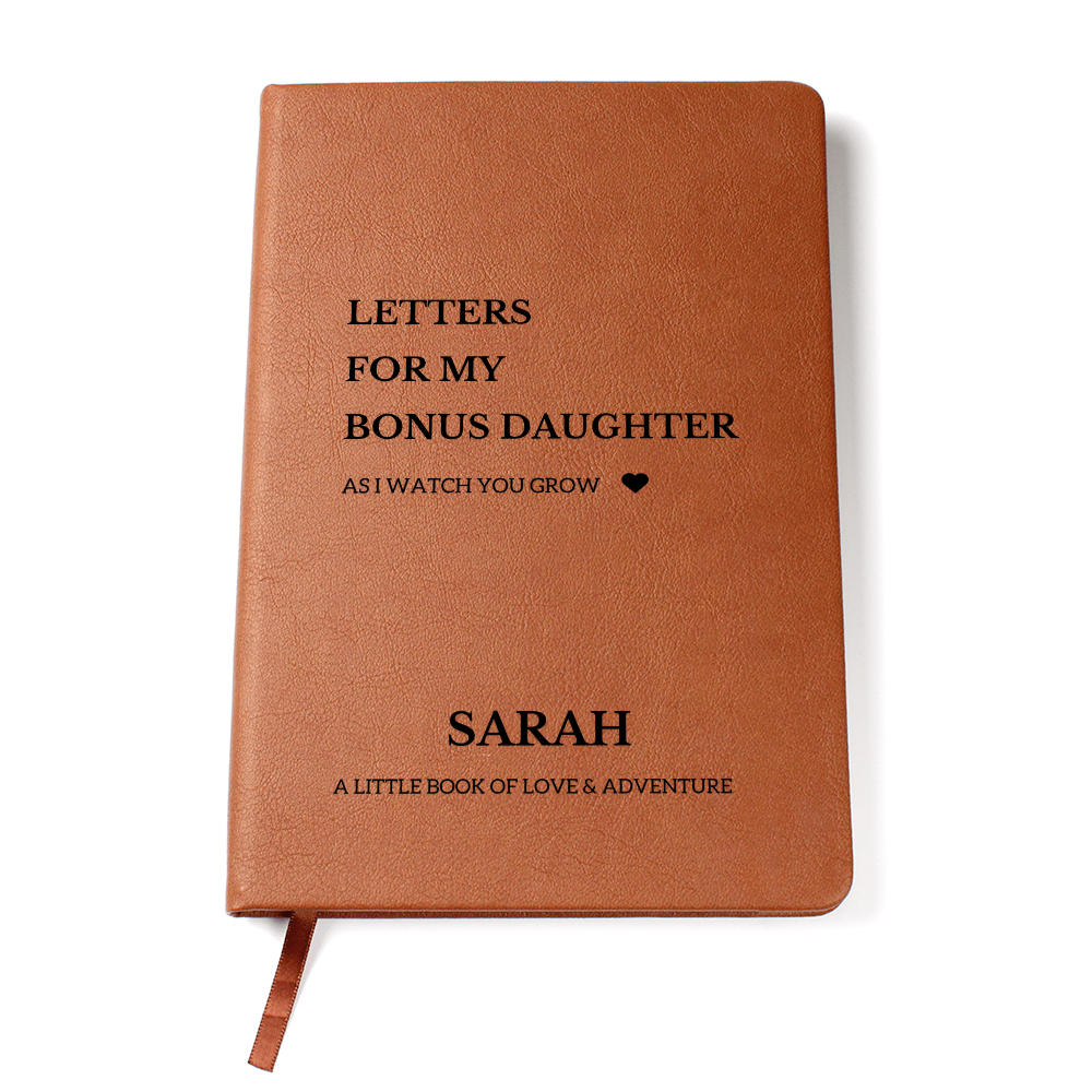 Personalized Name Letters For My Bonus Daughter Notebook Leather Journal Custom Girl, Mom & Dad Child Memory Book, Birthday Christmas