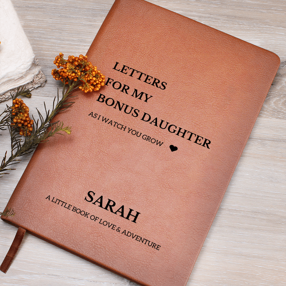Personalized Name Letters For My Bonus Daughter Notebook Leather Journal Custom Girl, Mom & Dad Child Memory Book, Birthday Christmas