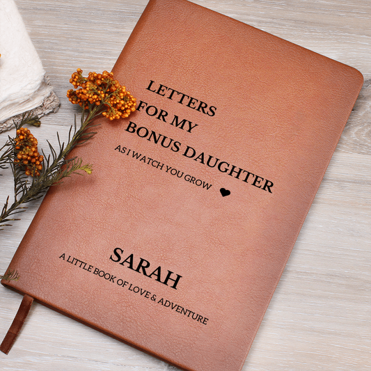 Personalized Name Letters For My Bonus Daughter Notebook Leather Journal Custom Girl, Mom & Dad Child Memory Book, Birthday Christmas