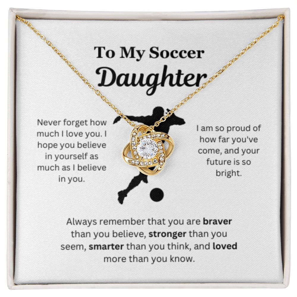 To My Soccer Daughter Necklace, Father-Daughter Jewelry, Mother-Daughter Gift, Birthday Heart Pendant, Gold Love Knot, Message Card