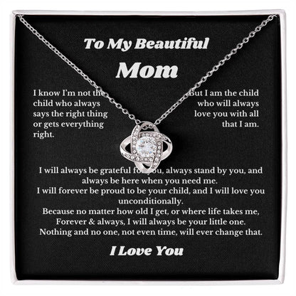 To My Beautiful Mom Love Knot Necklace Gift For Mothers Day, Valentines, Message Card