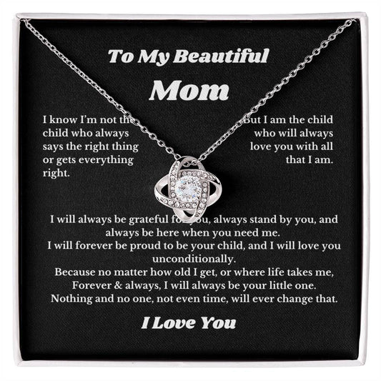 To My Beautiful Mom Love Knot Necklace Gift For Mothers Day, Valentines, Message Card