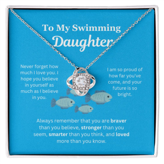 EllePendants To My Swimming Daughter Necklace, Father Daughter Necklace, Mother Daughter Necklace, Daughter Birthday, Heart Jewelry, Gold Jewelry, Love Knot, Message Card Necklace