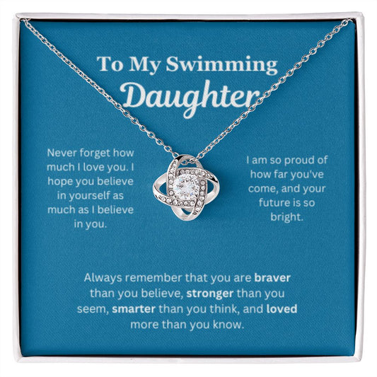 EllePendants To My Swimming Daughter Necklace, Father Daughter Necklace, Mother Daughter Necklace, Daughter Birthday, Heart Jewelry, Gold Jewelry, Love Knot, Message Card Necklace