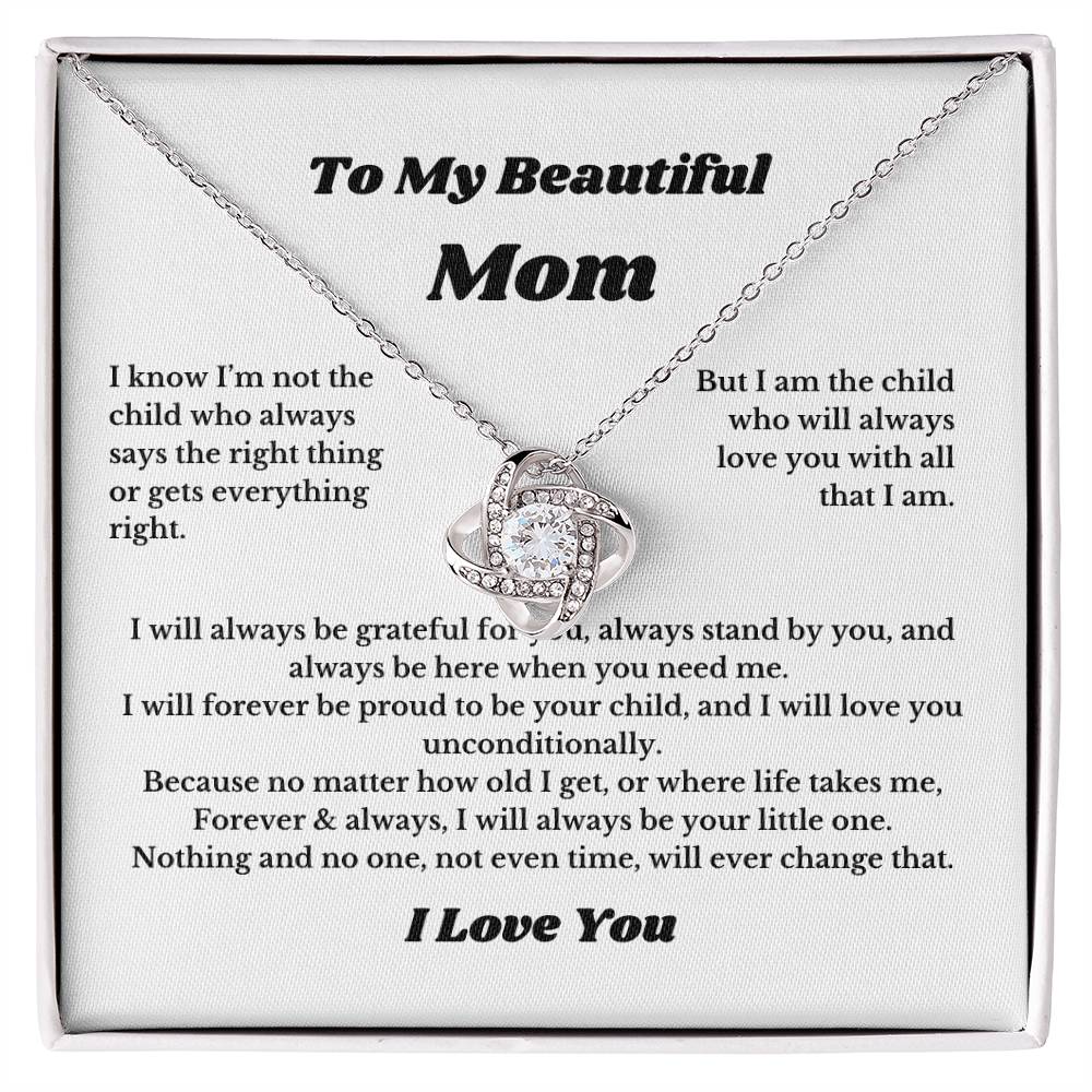 To My Beautiful Mom Love Knot Necklace Gift For Mothers Day, Valentines, Message Card