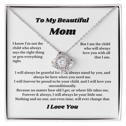 To My Beautiful Mom Love Knot Necklace Gift For Mothers Day, Valentines, Message Card