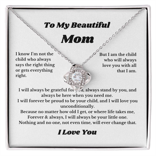 To My Beautiful Mom Love Knot Necklace Gift For Mothers Day, Valentines, Message Card