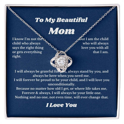To My Beautiful Mom Love Knot Necklace Gift For Mothers Day, Valentines, Message Card