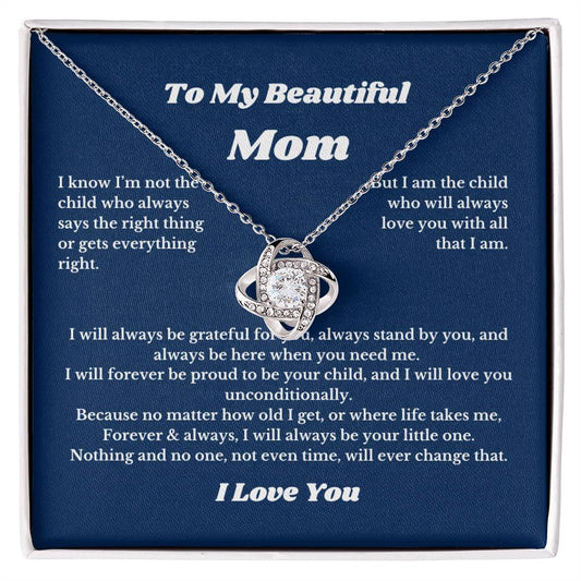 To My Beautiful Mom Love Knot Necklace Gift For Mothers Day, Valentines, Message Card
