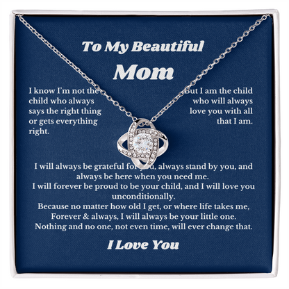 To My Beautiful Mom Love Knot Necklace Gift For Mothers Day, Valentines, Message Card