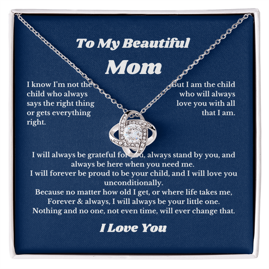 To My Beautiful Mom Love Knot Necklace Gift For Mothers Day, Valentines, Message Card